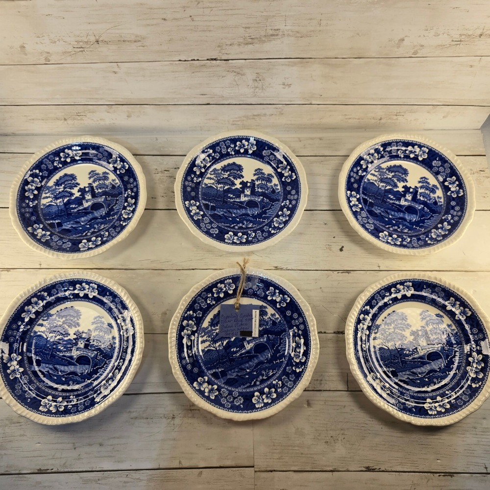 VTG Copeland Spode Tower Blue Gadroon Edge Salad Plates Set of 6 England 7.75in